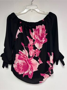 Feminine Off-Shoulder Blouse with Pink Floral Print Bow Tie Sleeves Fairycore